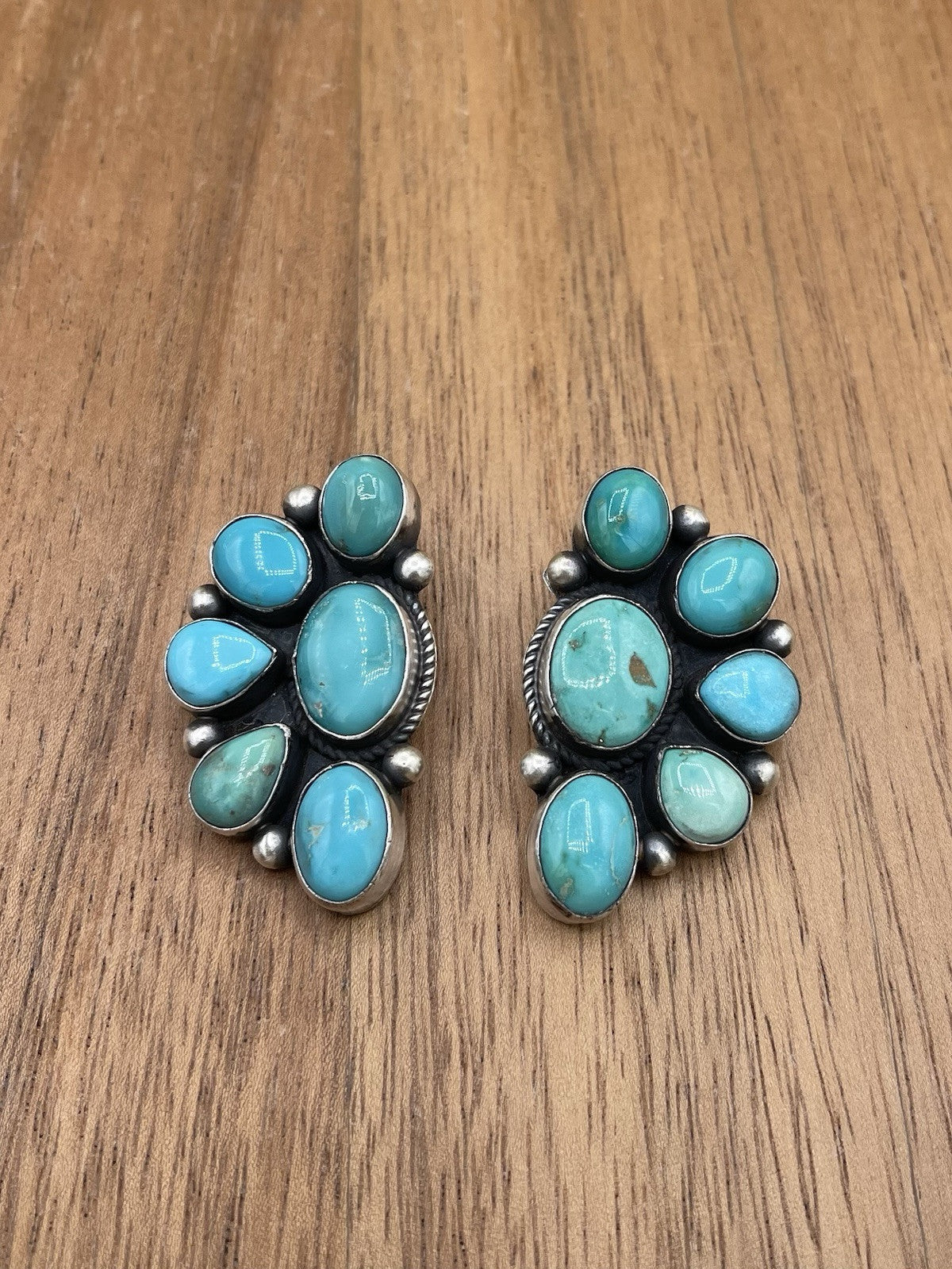 Navajo Handmade Sterling Silver Kingman Turquoise Half Cluster Earrings Tricia S