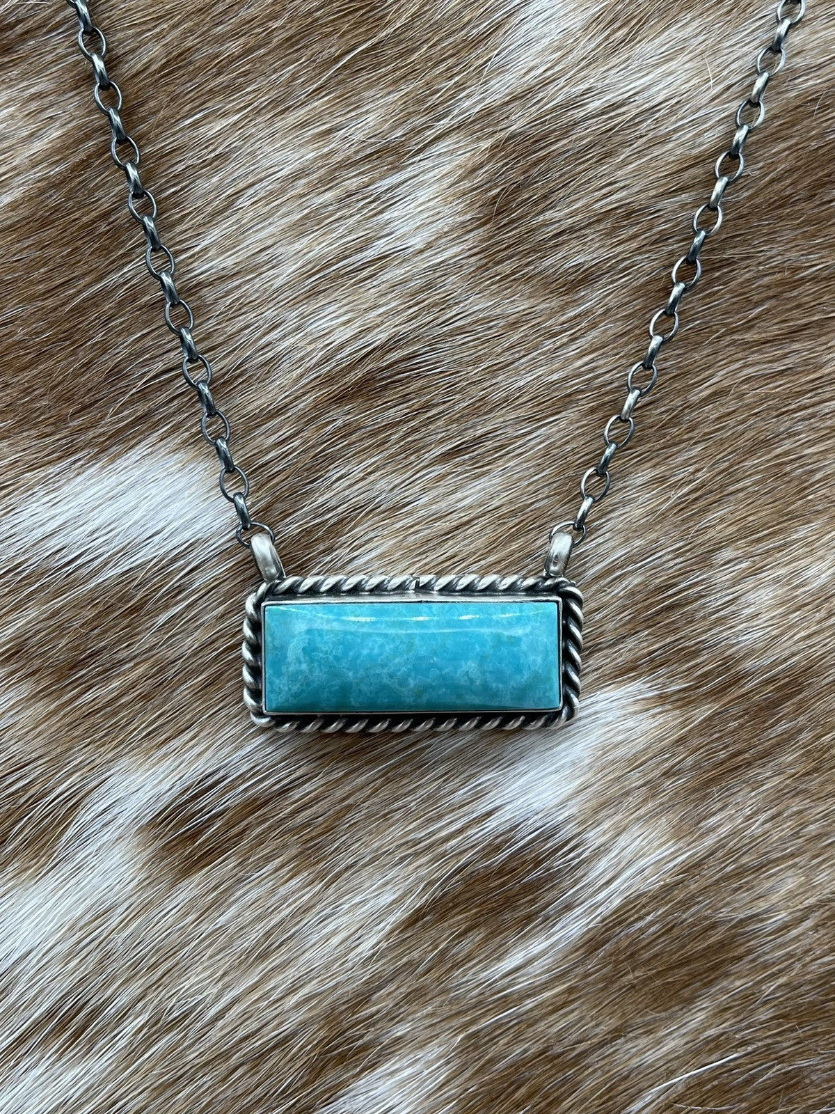 Navajo Handmade Sterling Silver Kingman Turquoise Bar Necklace 18” Augustine L.