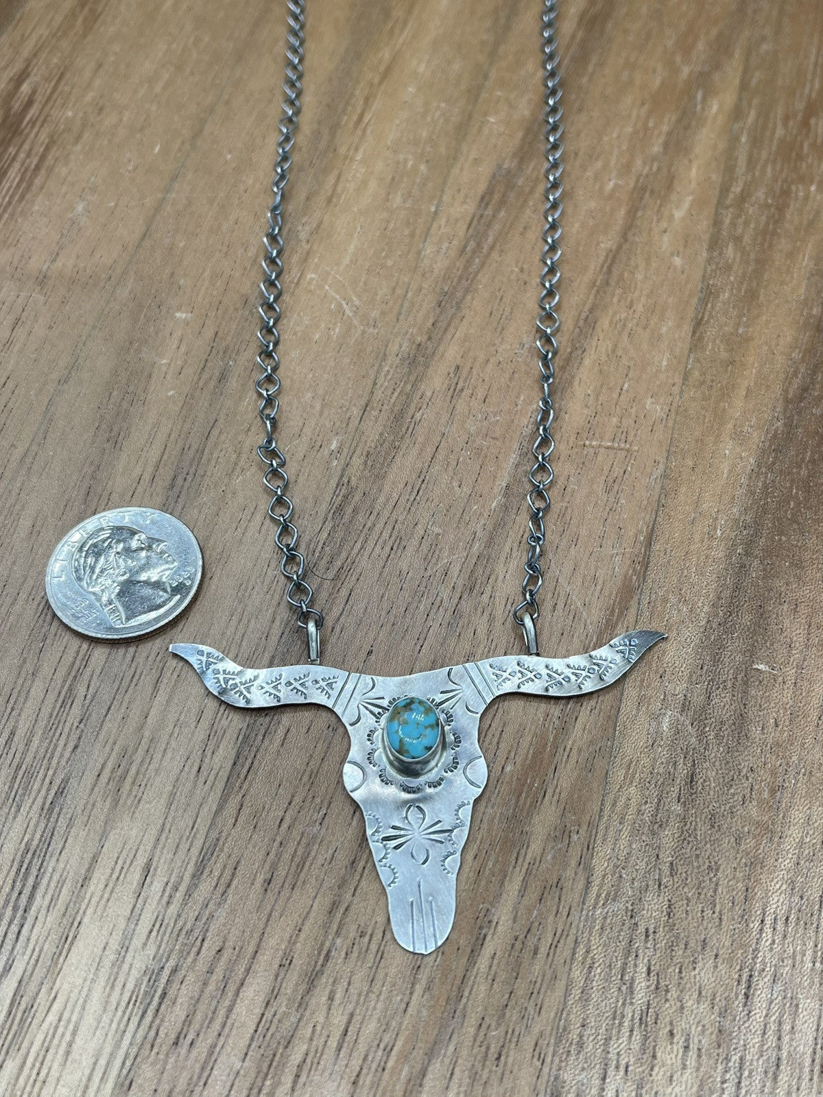 Navajo Handmade Sterling Silver Kingman Turquoise Longhorn Necklace By Betta Lee