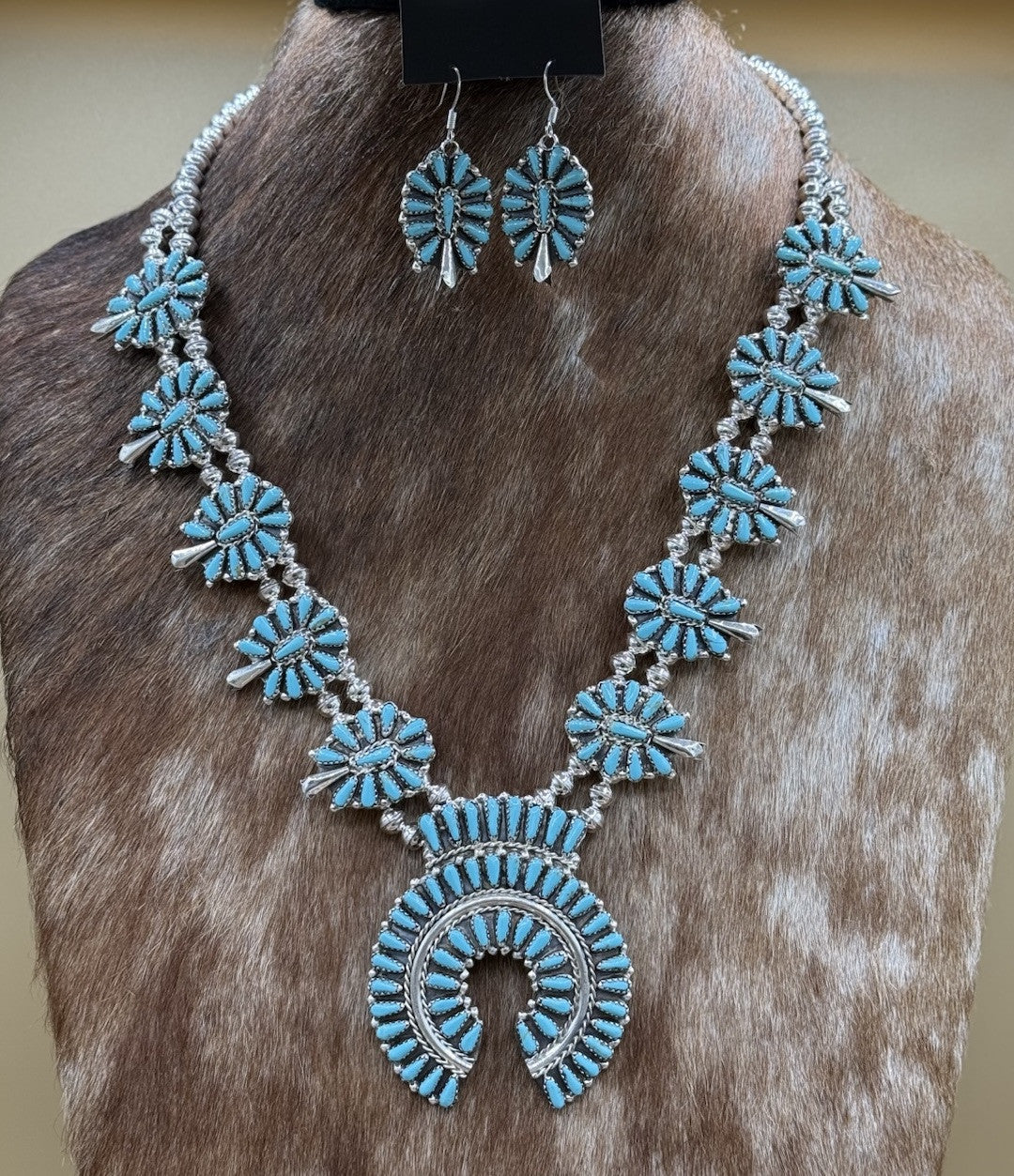 Navajo Handmade Sterling Silver Turquoise Squash Blossom Necklace 22” Mathilda B