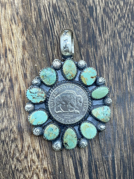 Navajo Handmade Sterling Silver Royston Turquoise Cluster Buffalo Coin Pendant