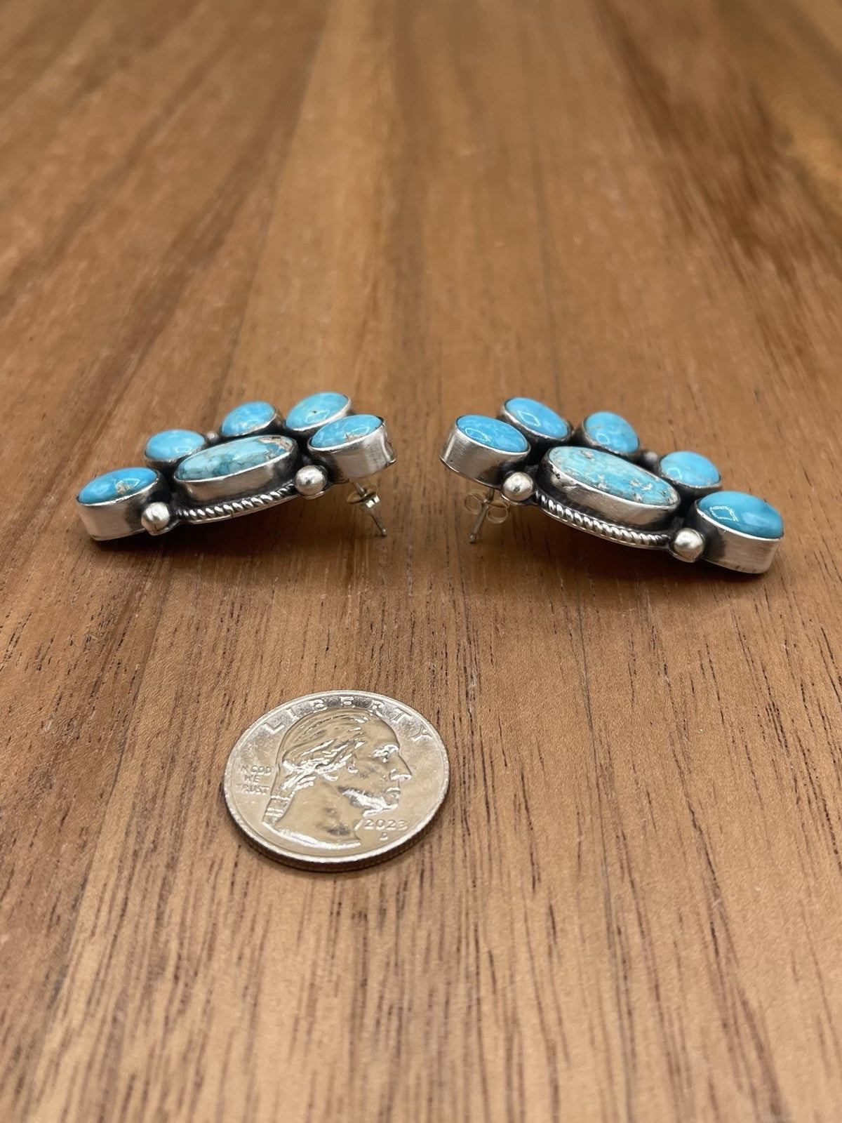 Navajo Handmade Sterling Silver Kingman Turquoise Half Cluster Earrings Tricia S