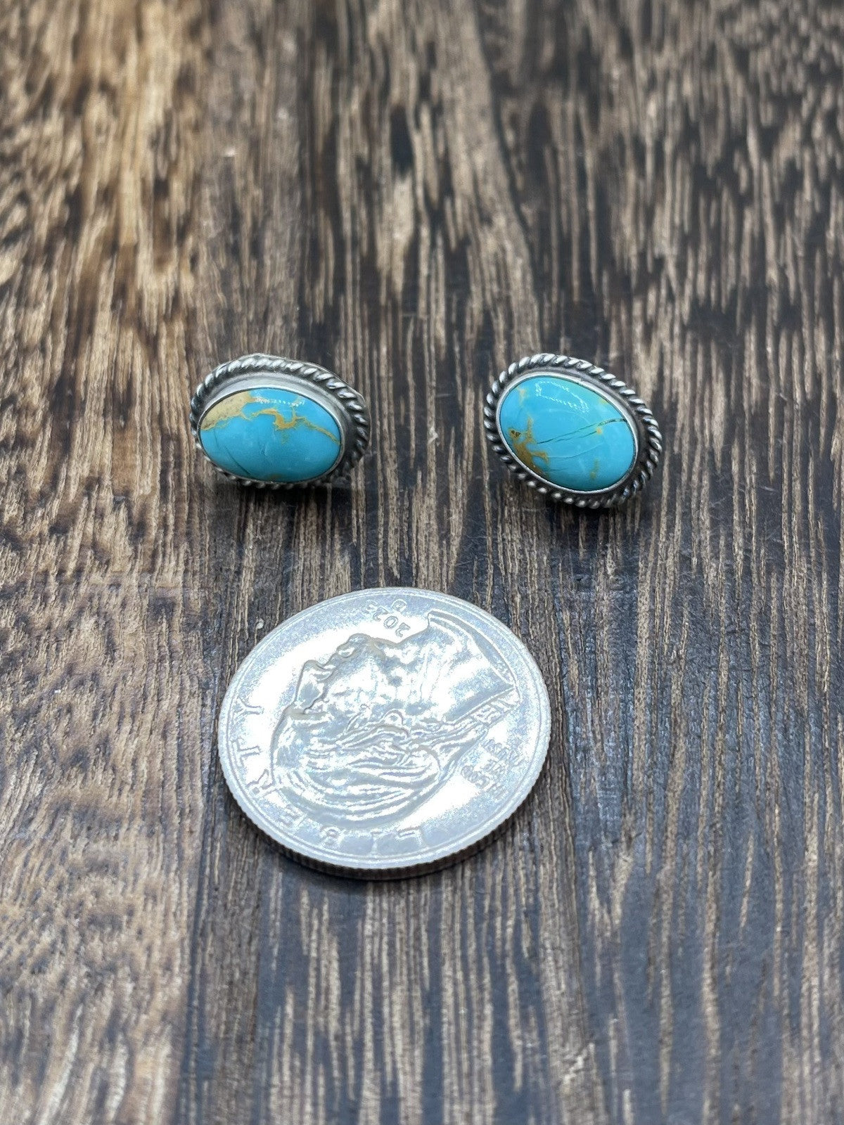 Navajo Handmade Sterling Silver Kingman Turquoise Post Stud Earrings Byron Begay