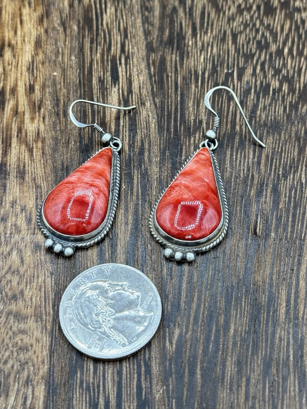 Navajo Handmade Sterling Silver Red Spiny Oyster Dangle Earrings By Byron Begay