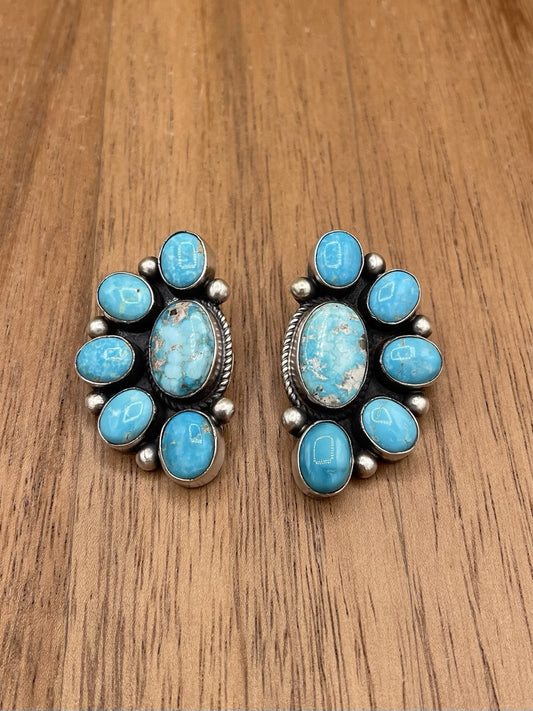 Navajo Handmade Sterling Silver Kingman Turquoise Half Cluster Earrings Tricia S