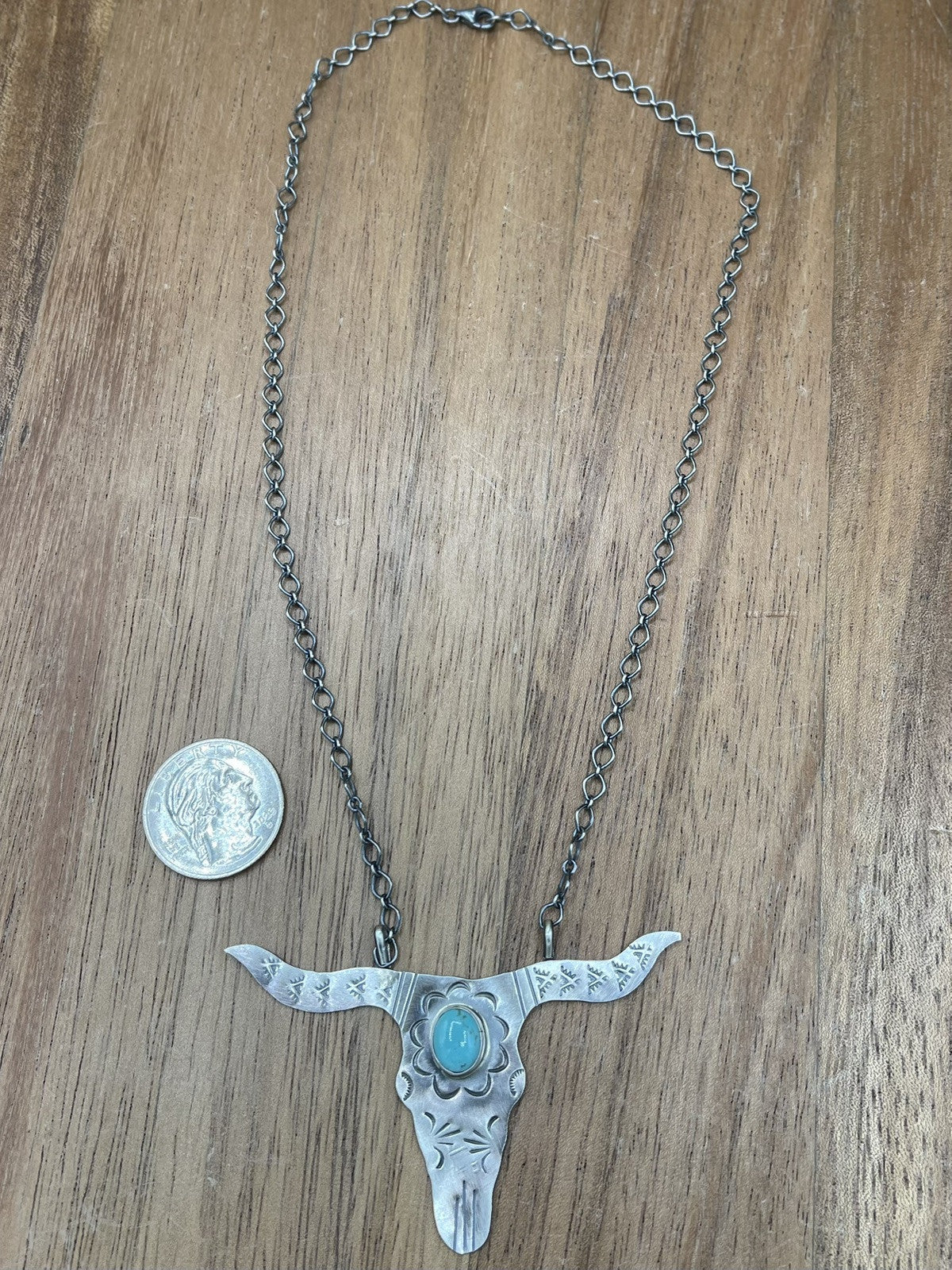 Navajo Handmade Sterling Silver Kingman Turquoise Longhorn Necklace By Betta Lee