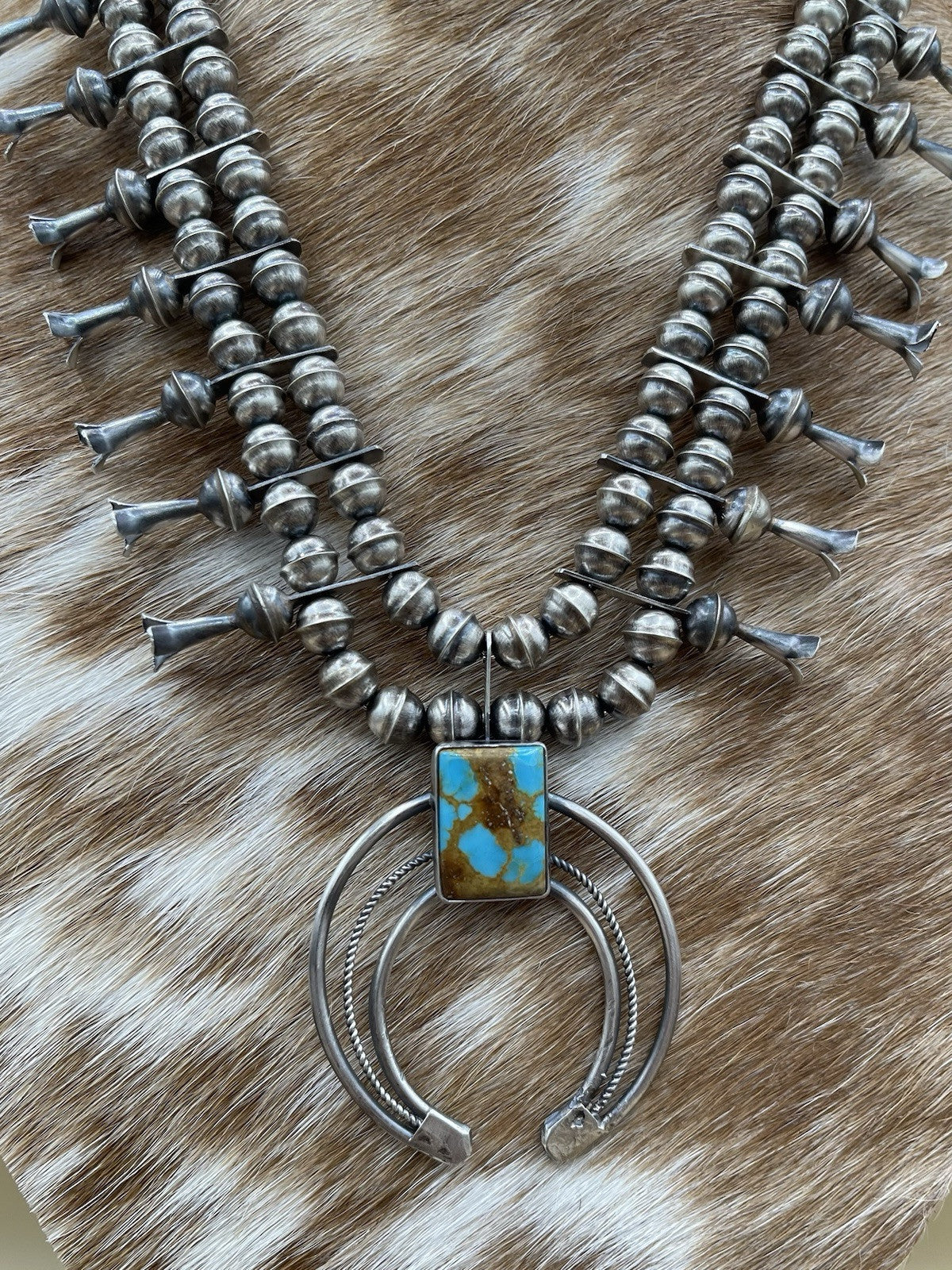 Native American Navajo Handmade Silver Royston Turquoise Squash Blossom Set 18”