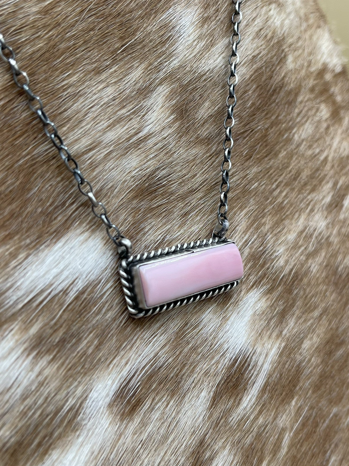 Navajo Handmade Sterling Silver Pink Conch Bar Necklace 18” By Augustine Largo