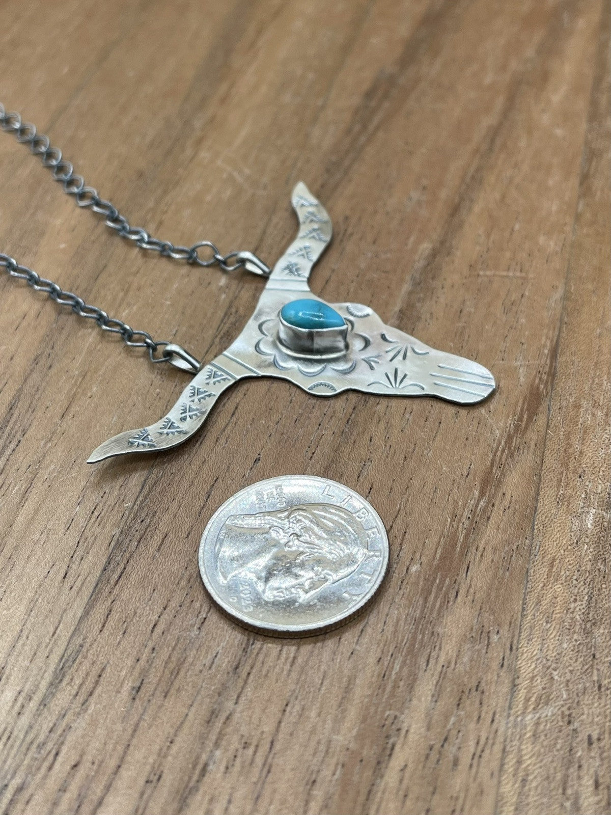 Navajo Handmade Sterling Silver Kingman Turquoise Longhorn Necklace By Betta Lee