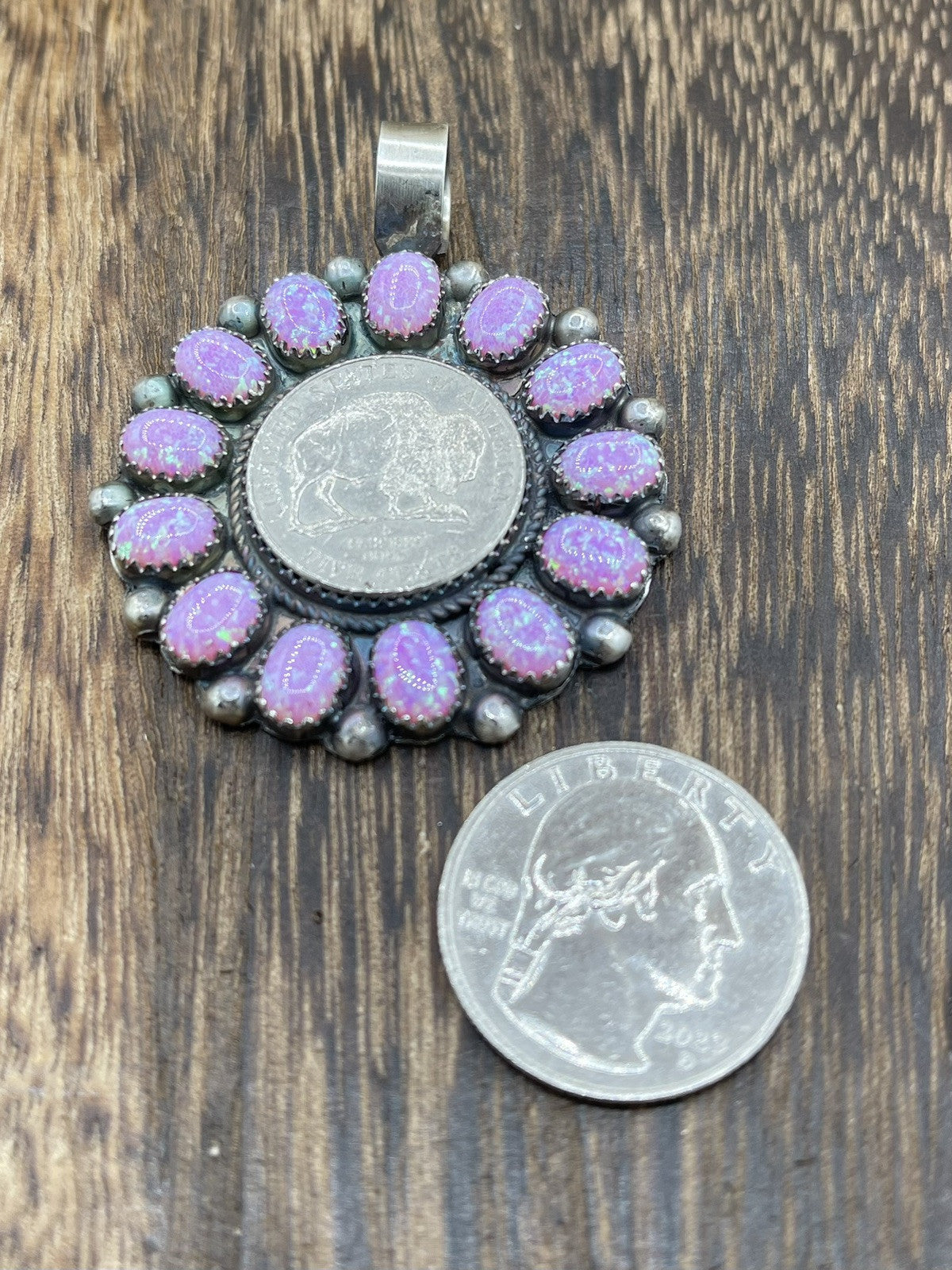 Navajo Handmade Sterling Silver Pink Opal Cluster Buffalo Coin Pendant By Phil G