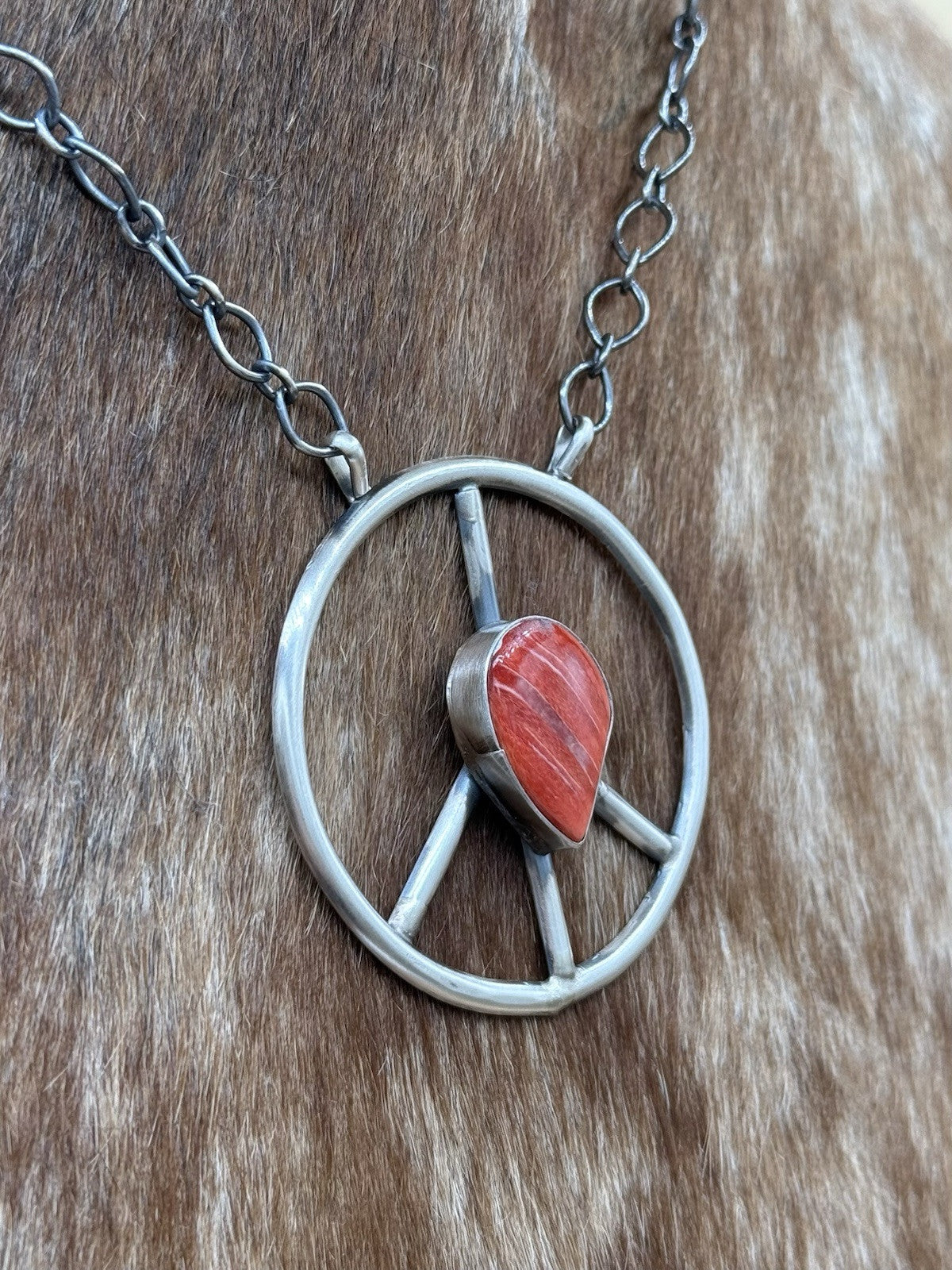 Navajo handmade Sterling Silver Red Spiny Oyster Peace Hippie Necklace 18”