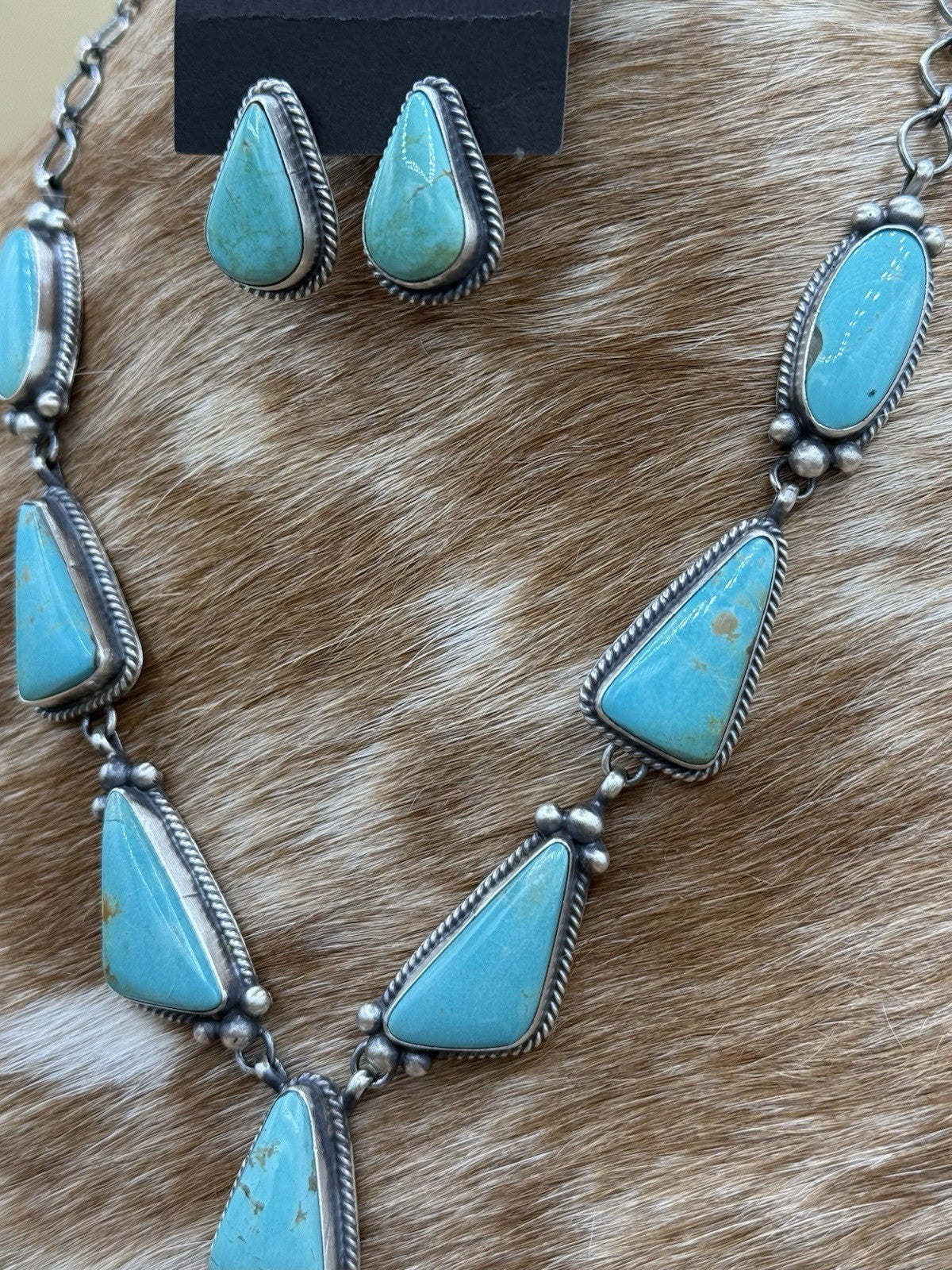 Navajo Handmade Sterling Silver Blue Glacier Turquoise Lariat Necklace Set 20”