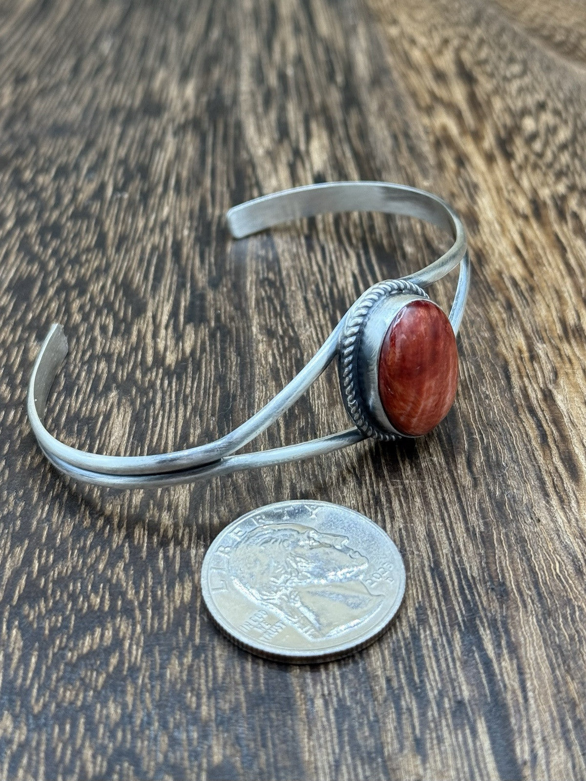 Navajo Handmade Sterling Silver Red Spiny Oyster Stacker Old Look Bracelet