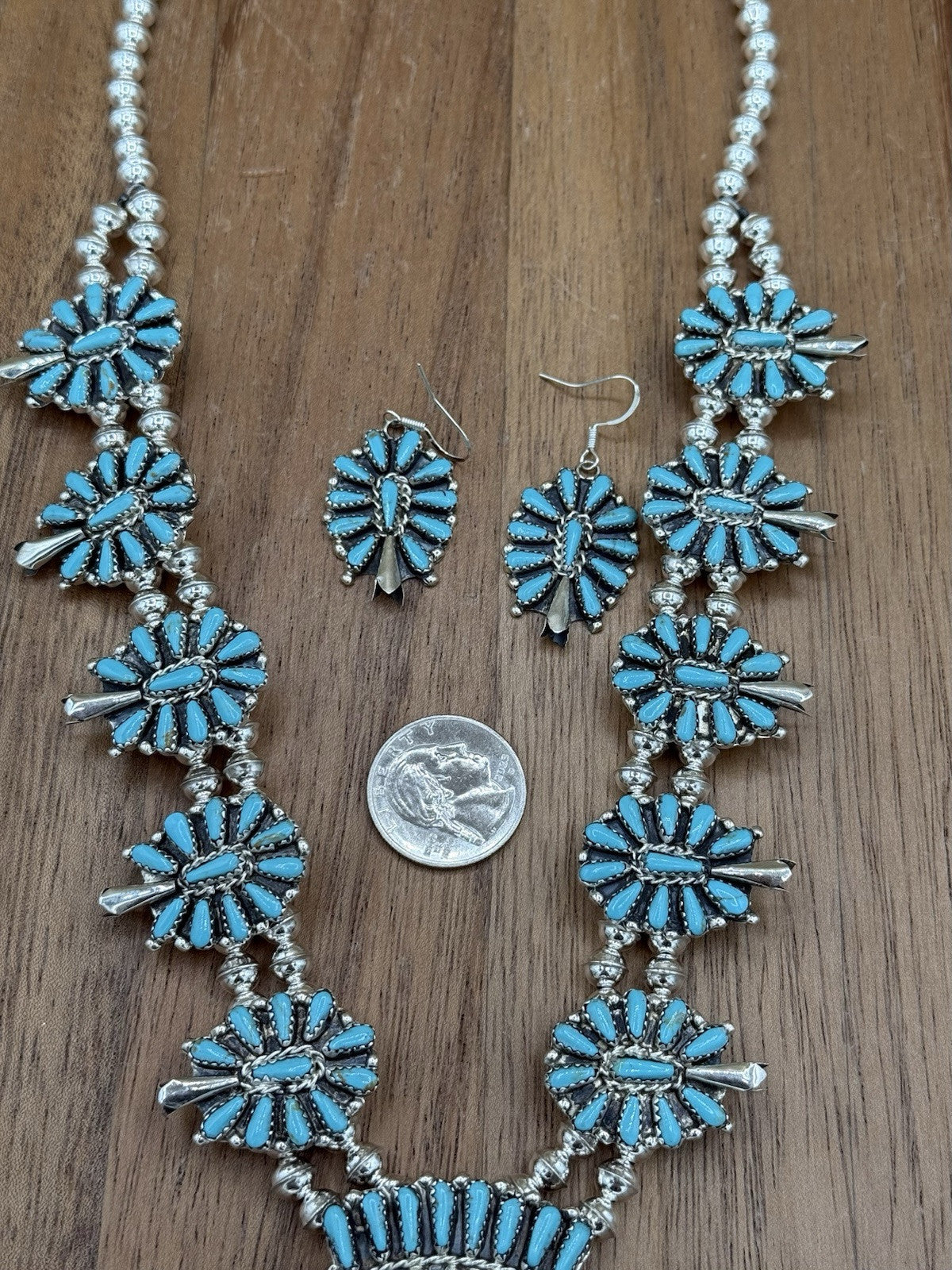 Navajo Handmade Sterling Silver Turquoise Squash Blossom Necklace 22” Mathilda B