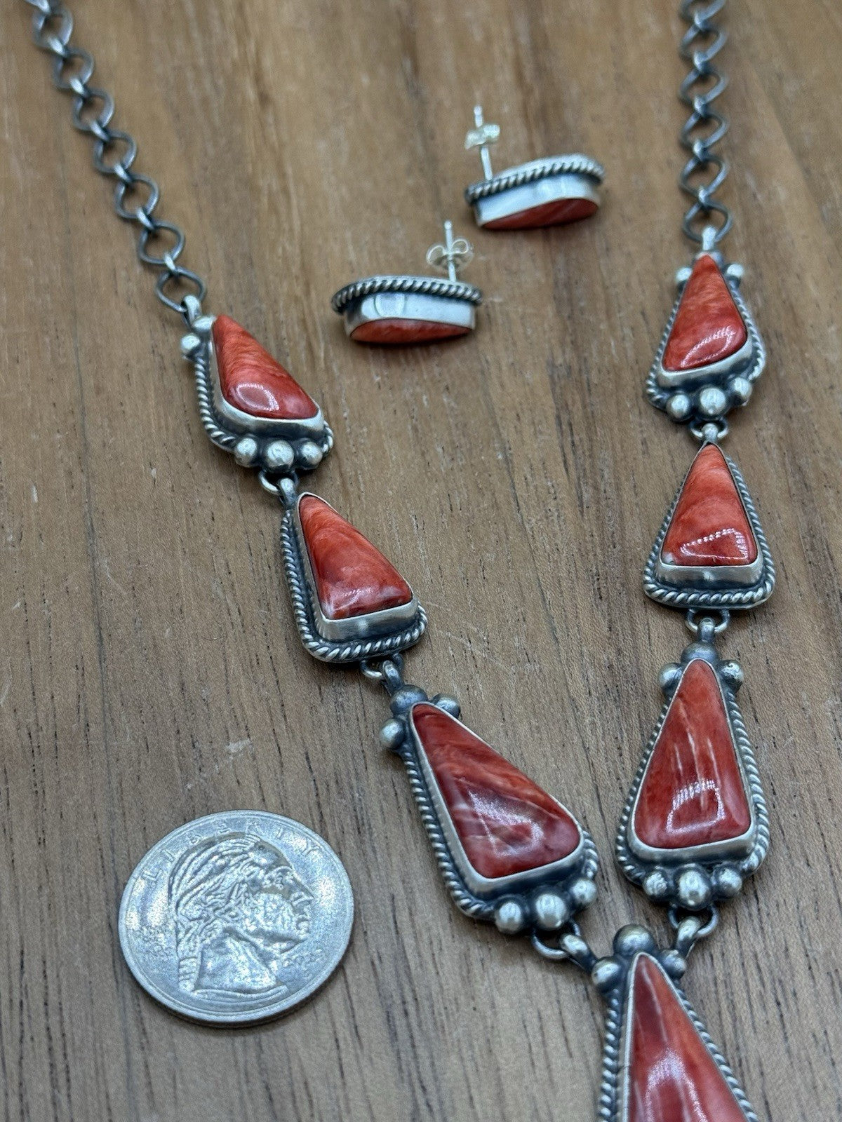 Navajo Handmade Sterling Silver Red Spiny Oyster Shell Lariat Necklace Set 20”