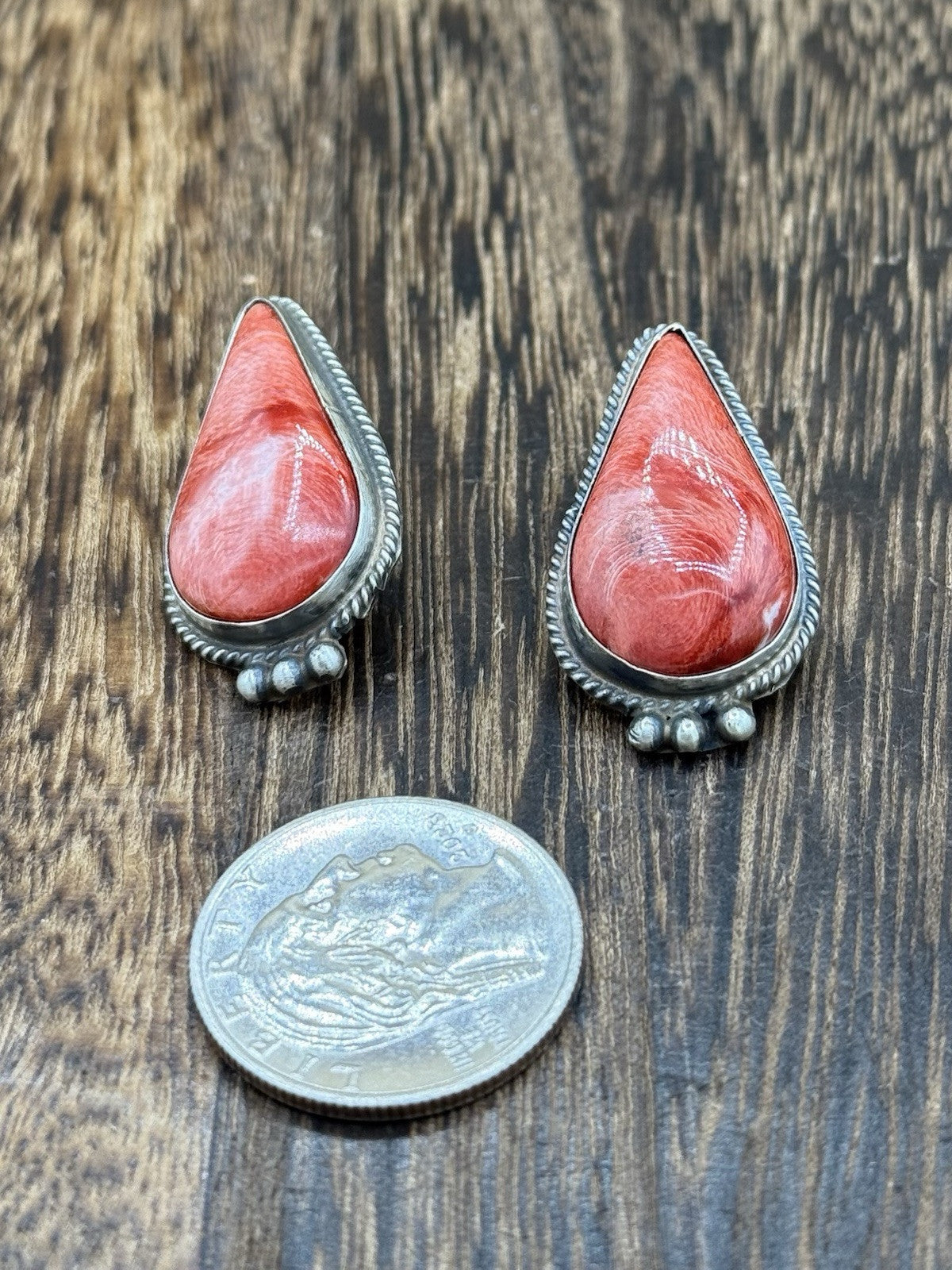 Navajo Handmade Sterling Silver Red Spiny Oyster Post Earrings By Byron Begay