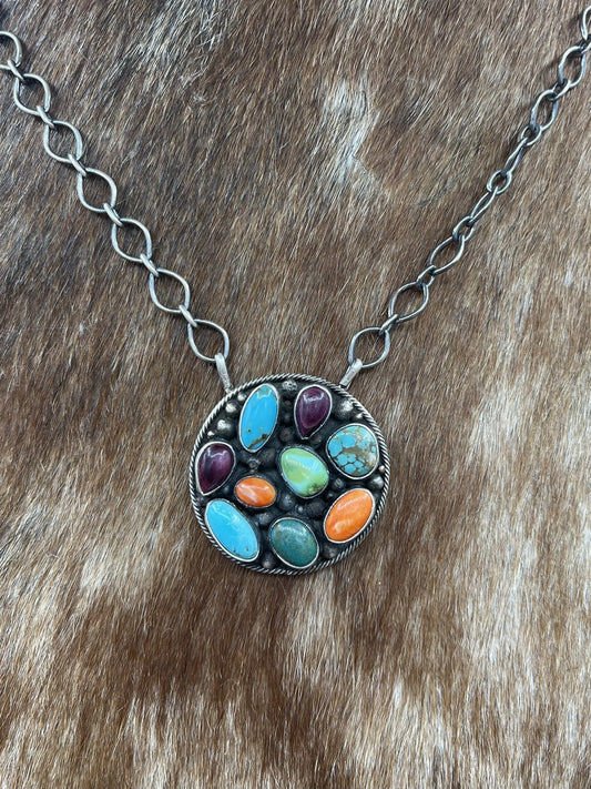 Navajo Handmade Sterling Silver Multi Stone Turquoise Spiny Cluster Necklace 18”