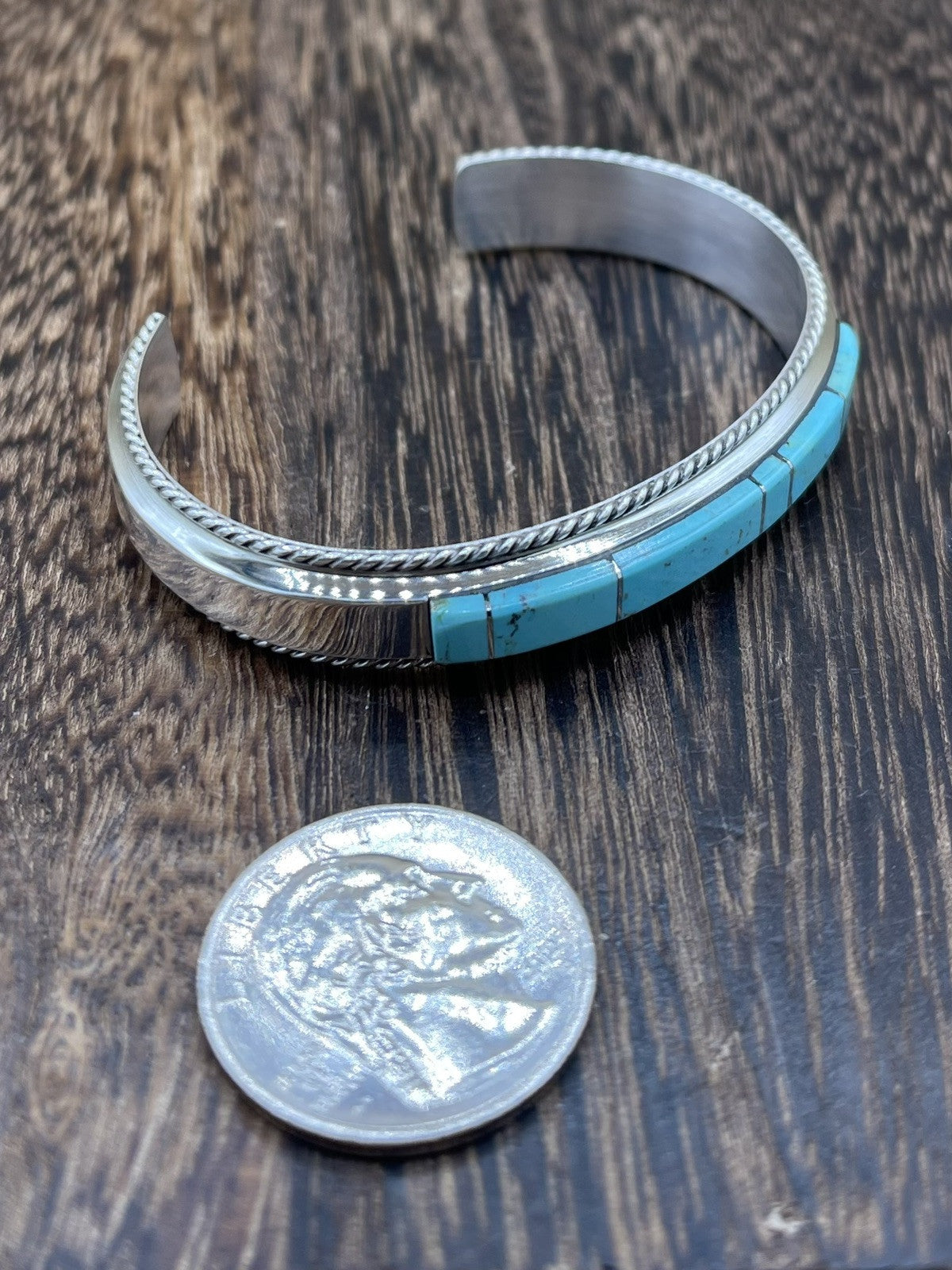 Navajo Handmade Sterling Silver Kingman Turquoise Inlay Bracelet Francis Yazzie