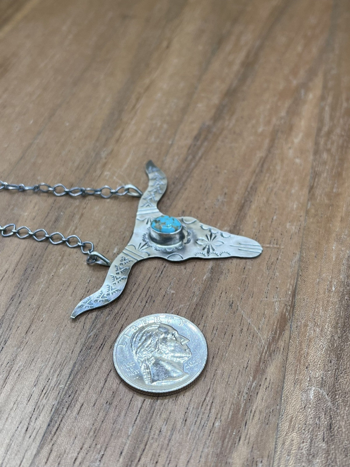 Navajo Handmade Sterling Silver Kingman Turquoise Longhorn Necklace By Betta Lee