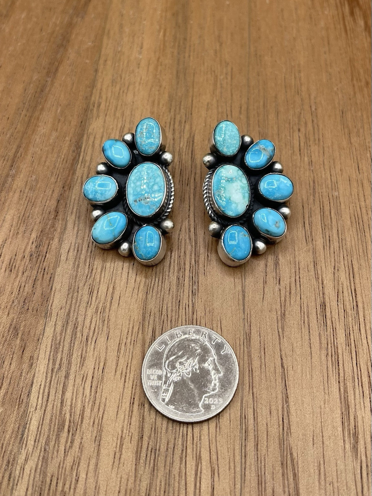 Navajo Handmade Sterling Silver Kingman Turquoise Half Cluster Earrings Tricia S