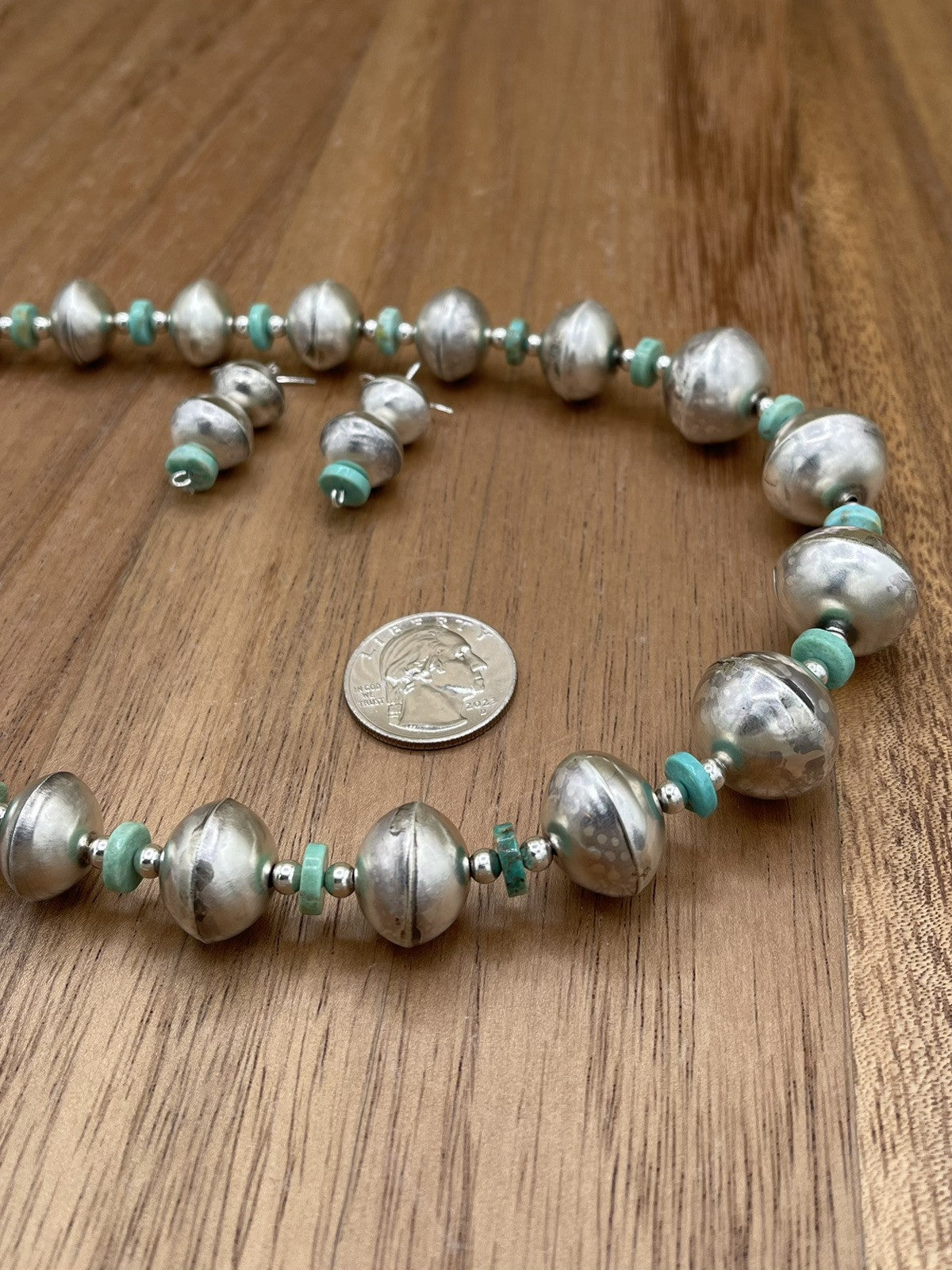 Authentic Native American Navajo Handmade Silver Turquoise Pearl Beads Set