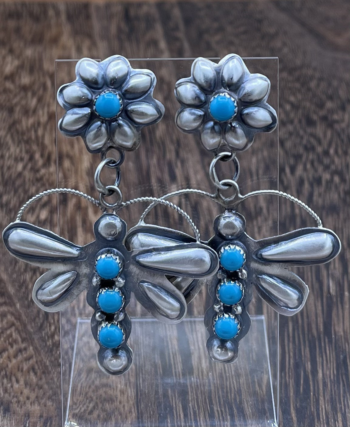 Navajo Handmade Sterling Silver Kingman Turquoise Dragonfly Post Dangle Earrings