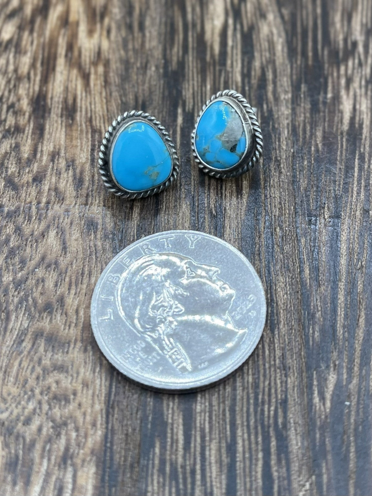 Navajo Handmade Sterling Silver Kingman Turquoise Post Stud Earrings Byron Begay