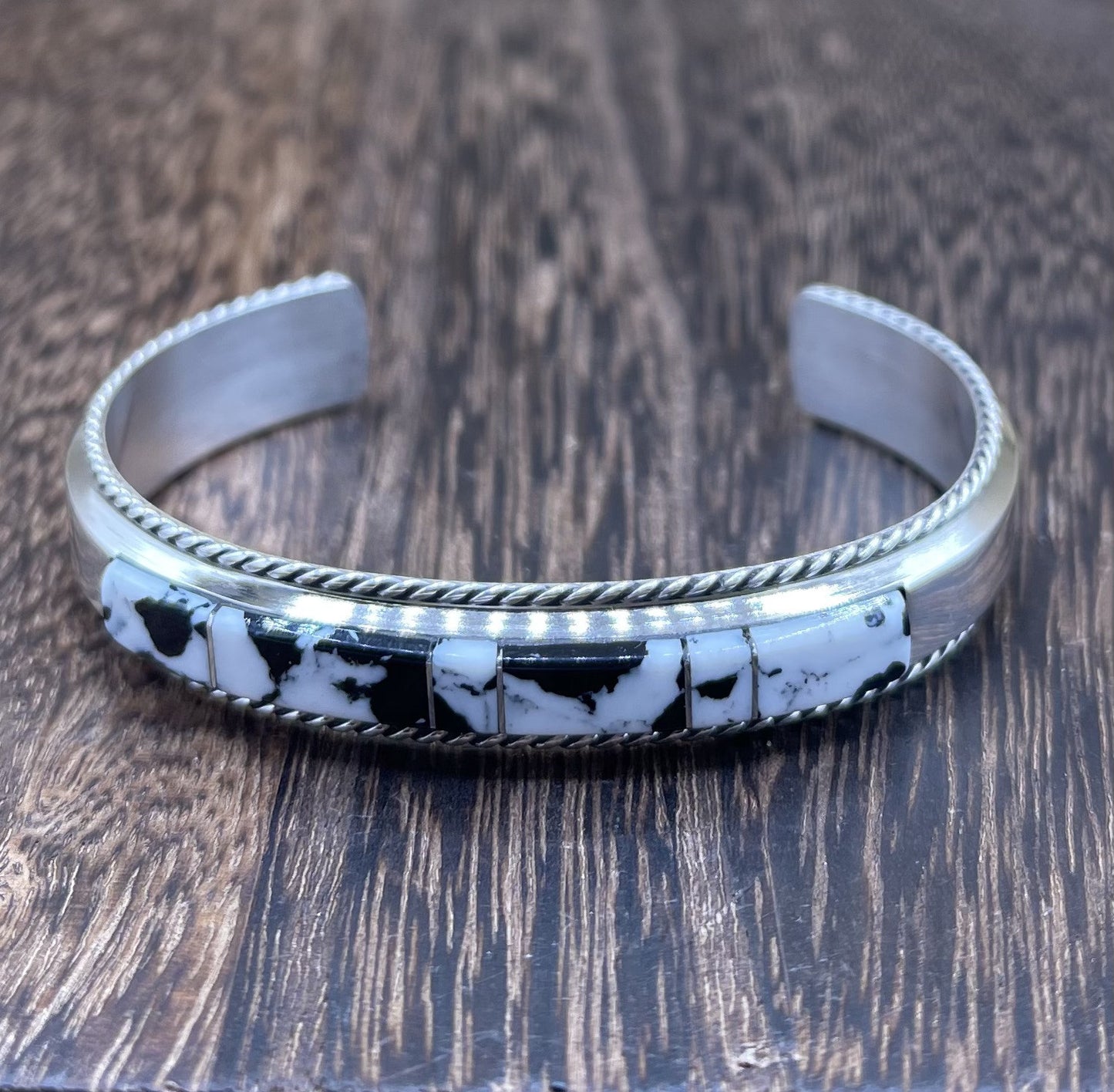 Navajo Handmade Sterling Silver White Buffalo Inlay Cuff Bracelet Francis Yazzie