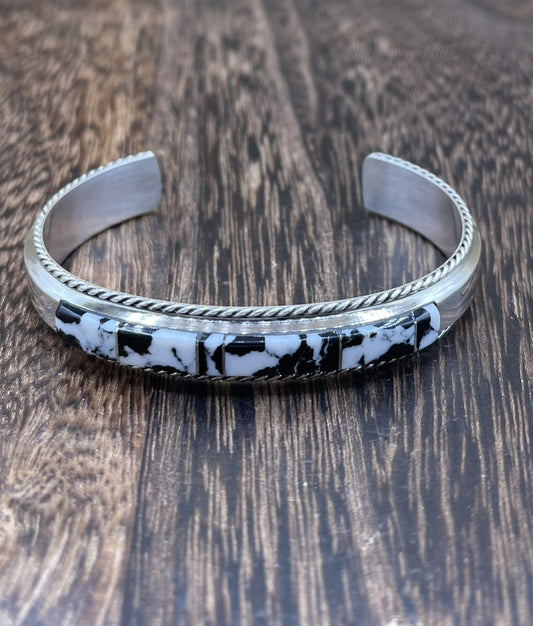 Navajo Handmade Sterling Silver White Buffalo Inlay Cuff Bracelet Francis Yazzie