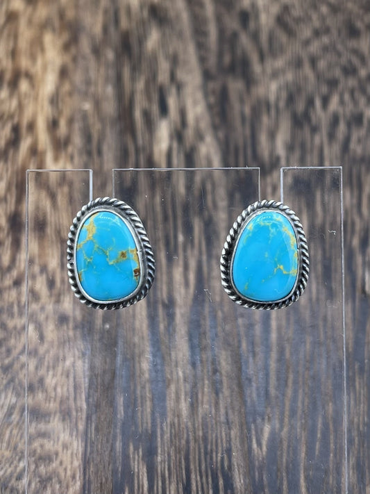 Navajo Handmade Sterling Silver Kingman Turquoise Post Stud Earrings Byron Begay