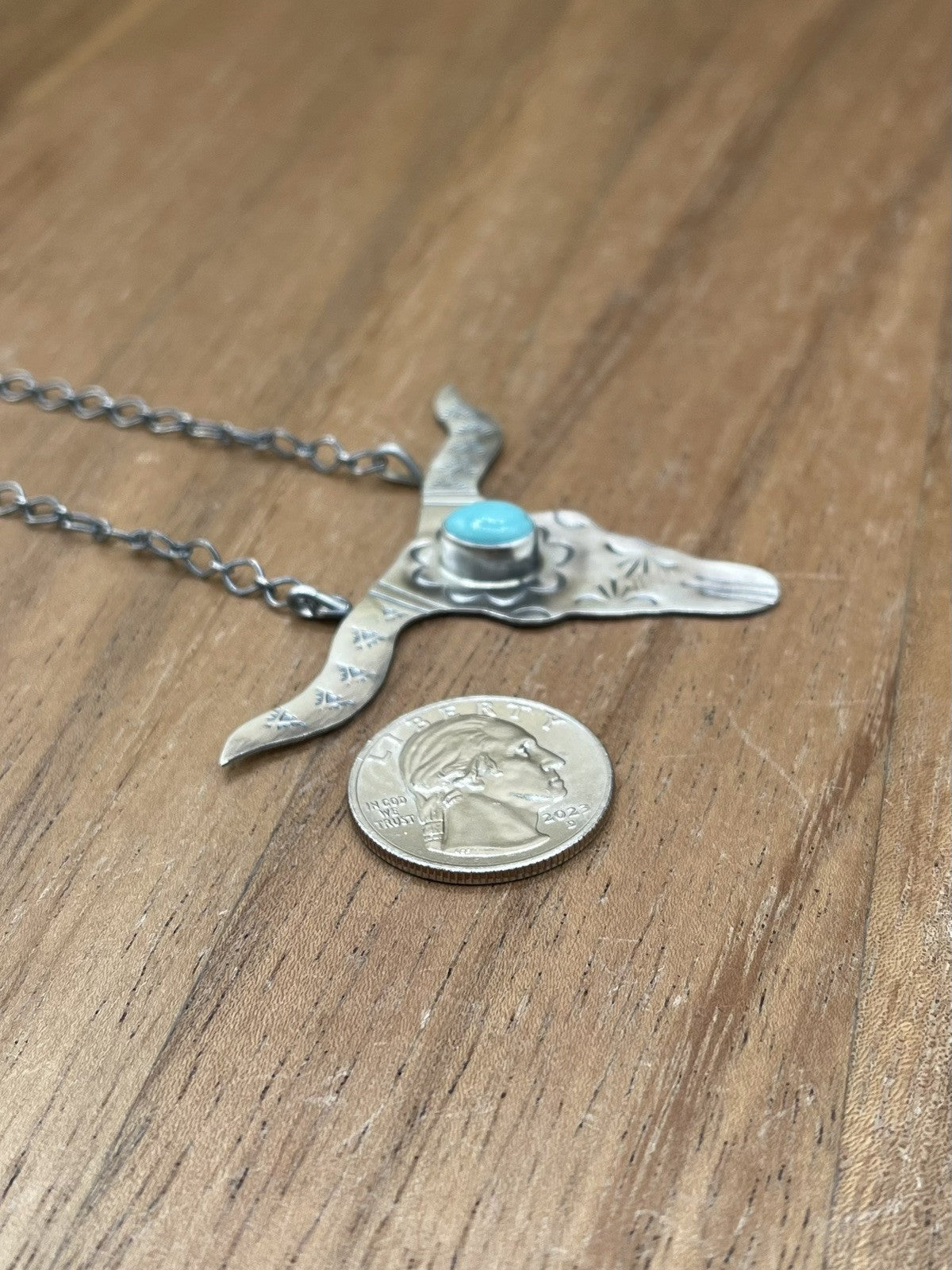 Navajo Handmade Sterling Silver Kingman Turquoise Longhorn Necklace By Betta Lee