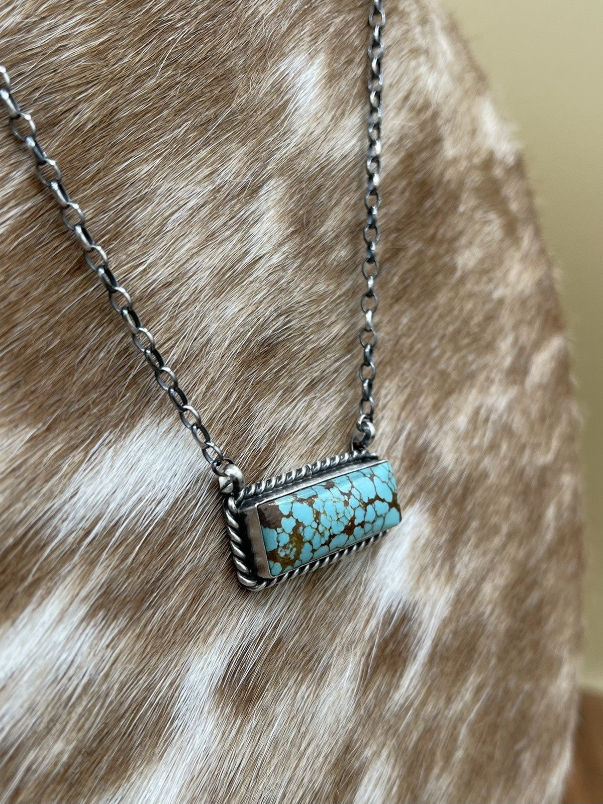 Navajo Handmade Sterling Silver #8 Turquoise Bar Necklace 18” by Augustine Largo