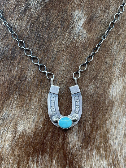 Navajo Handmade Sterling Silver Kingman Turquoise Horseshoe Bar Necklace 18”