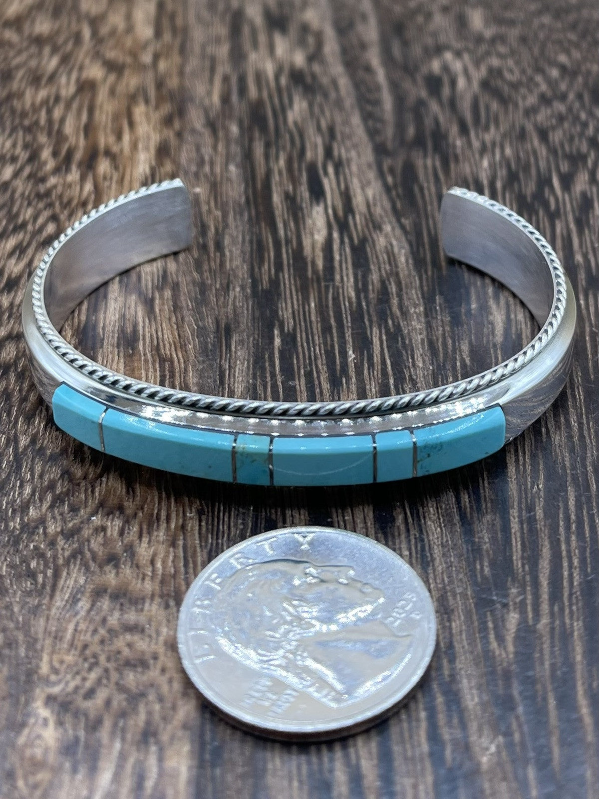 Navajo Handmade Sterling Silver Kingman Turquoise Inlay Bracelet Francis Yazzie