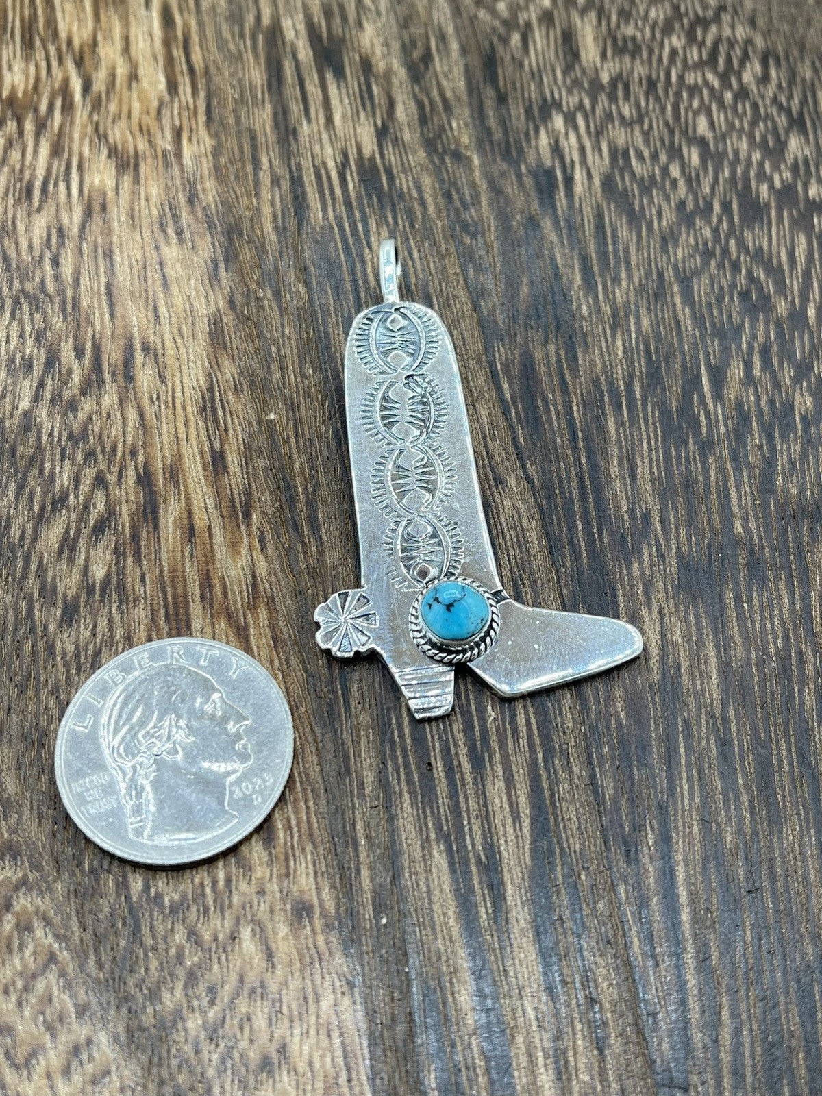 Navajo Handmade Sterling Silver Kingman Turquoise Stamped Cowboy Boot Pendant