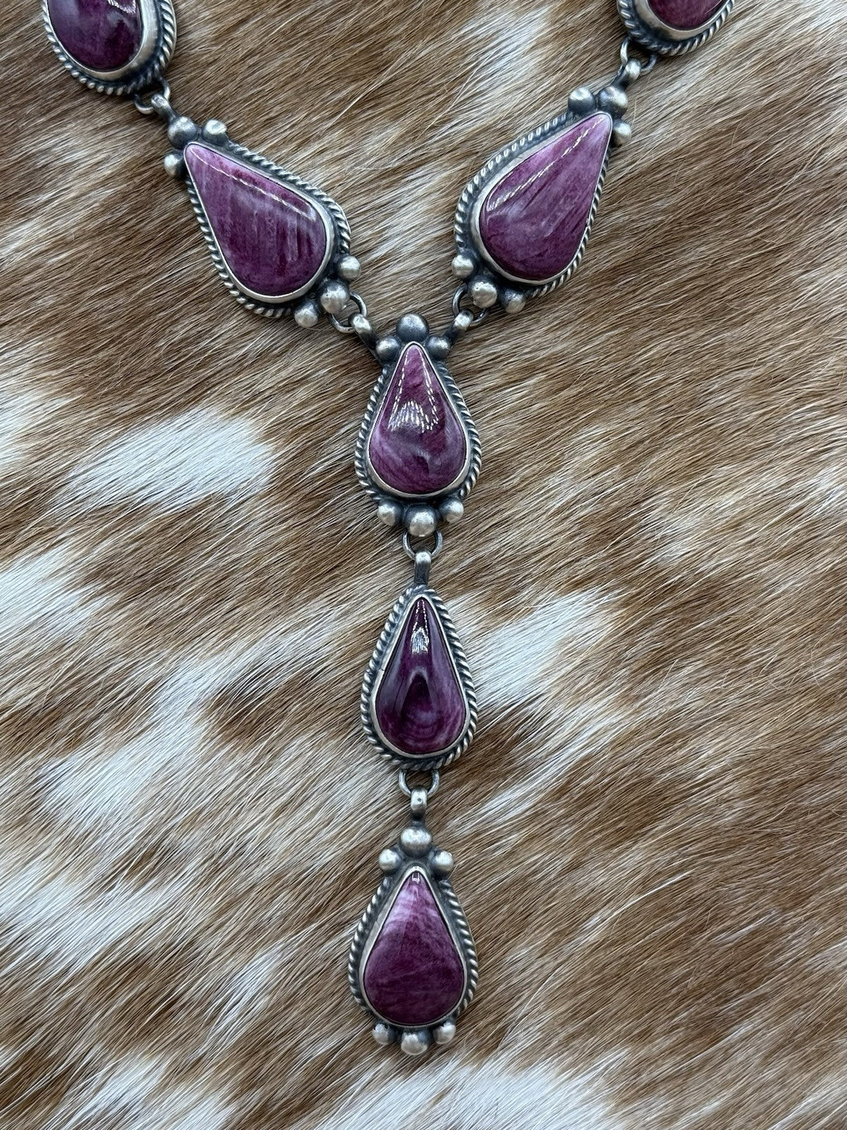 Navajo Handmade Sterling Silver Purple Spiny Oyster Lariat Necklace Set 20”