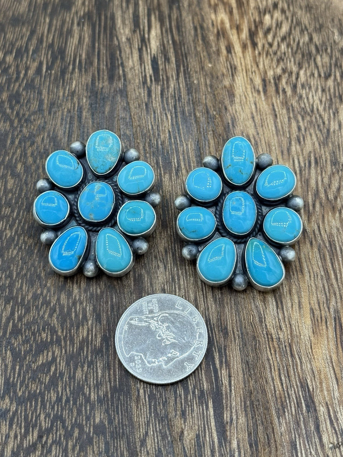 Navajo Handmade Sterling Silver Kingman Turquoise Cluster Earrings Tricia Smith