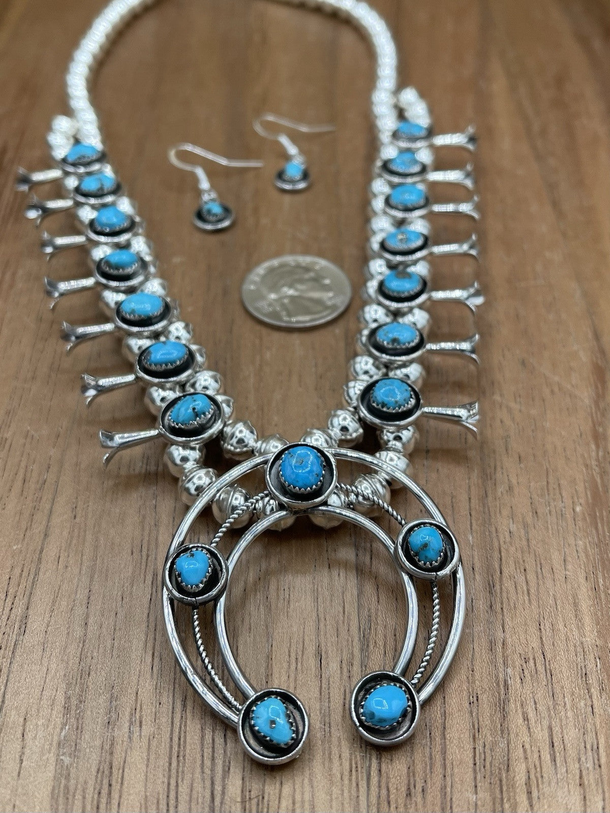 Native American Navajo Handmade Silver Kingman Turquoise Squash Blossom Set 18”