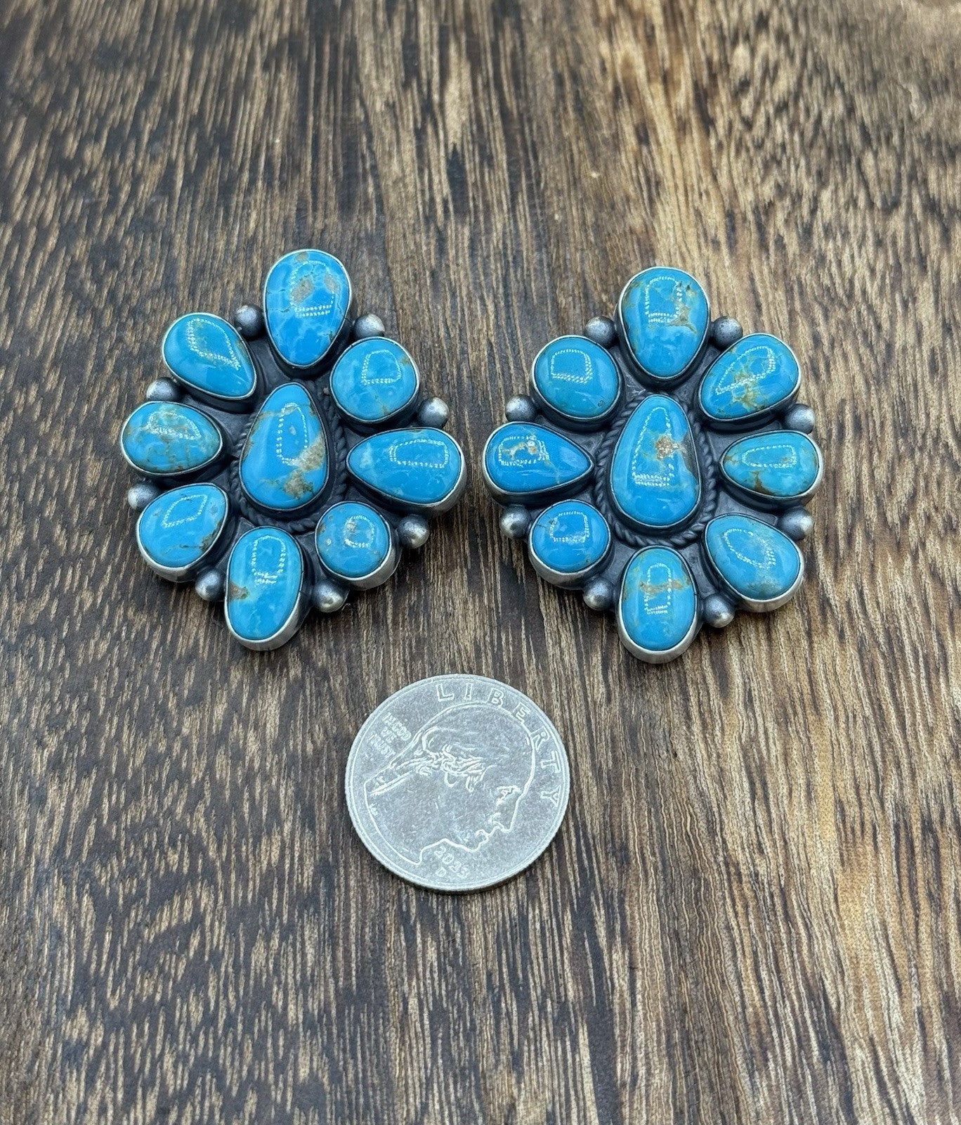 Navajo Handmade Sterling Silver Kingman Turquoise Cluster Earrings Tricia Smith