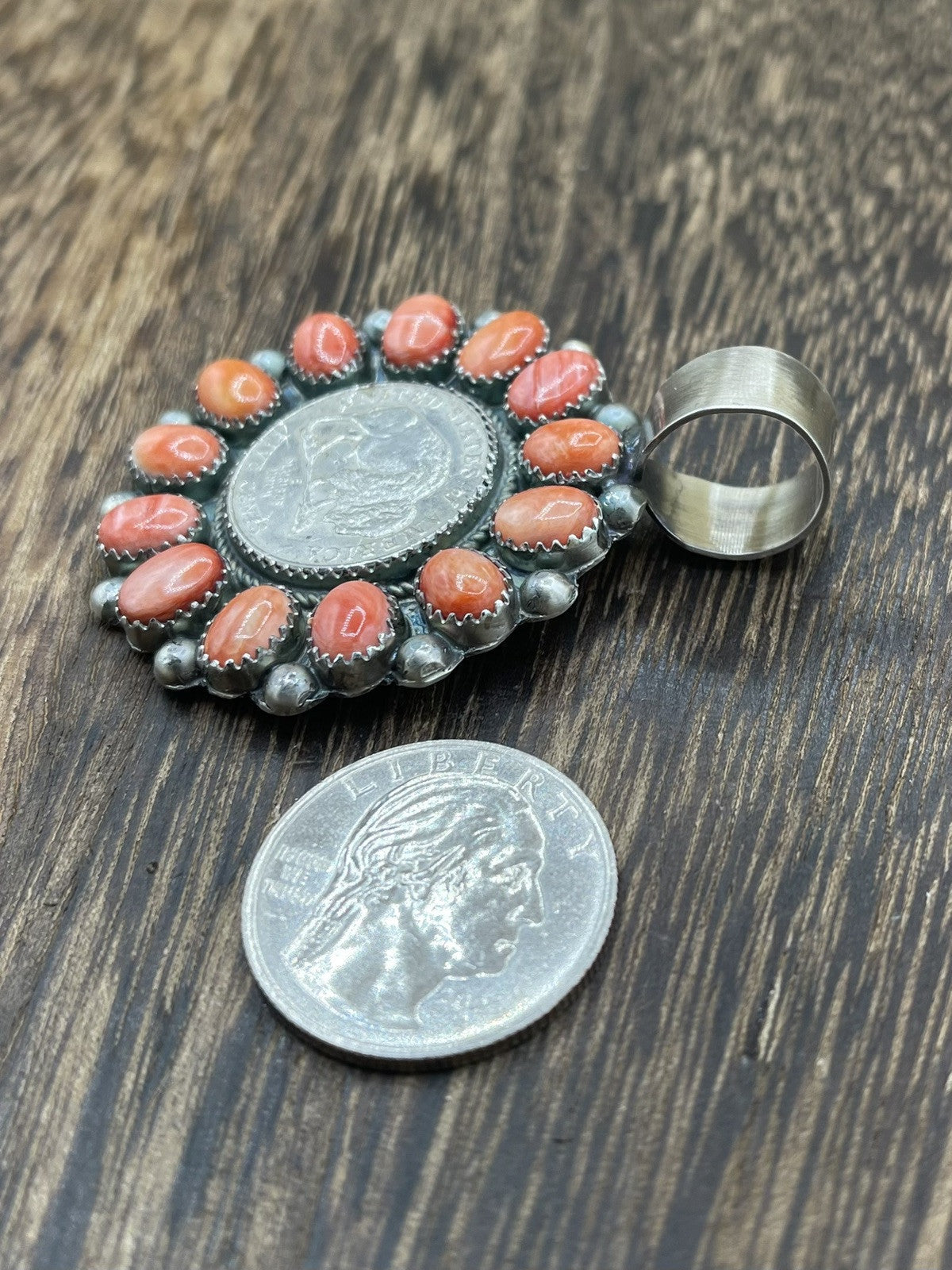 Navajo Handmade Sterling Silver Orange Spiny Oyster Cluster Buffalo Coin Pendant