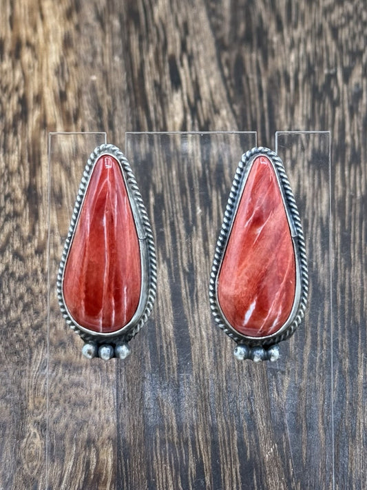 Navajo Handmade Sterling Silver Red Spiny Oyster Post Earrings By Byron Begay