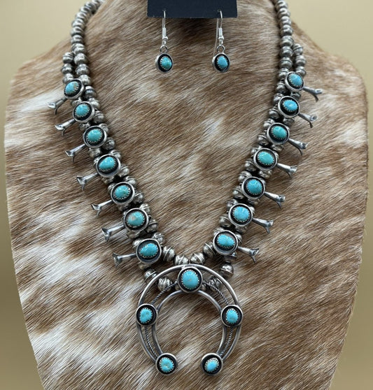 Navajo Handmade Sterling Silver Turquoise Shadowbox Squash Blossom Necklace 19”