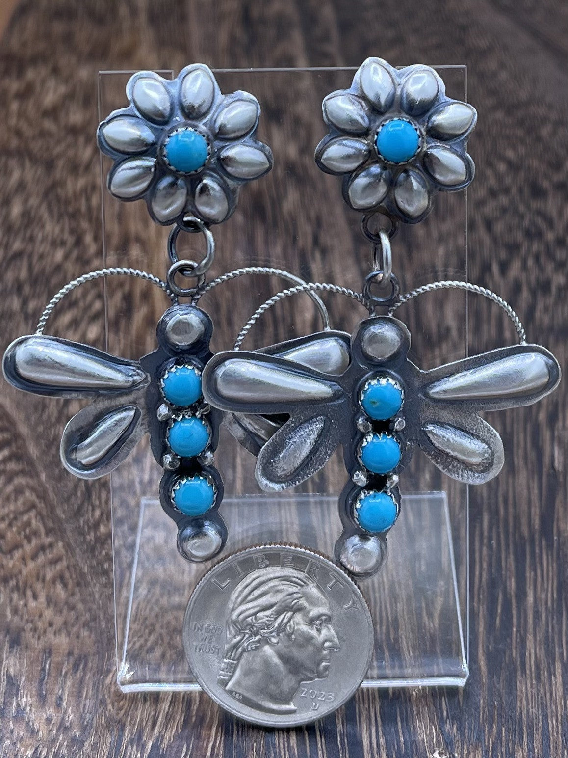 Navajo Handmade Sterling Silver Kingman Turquoise Dragonfly Post Dangle Earrings