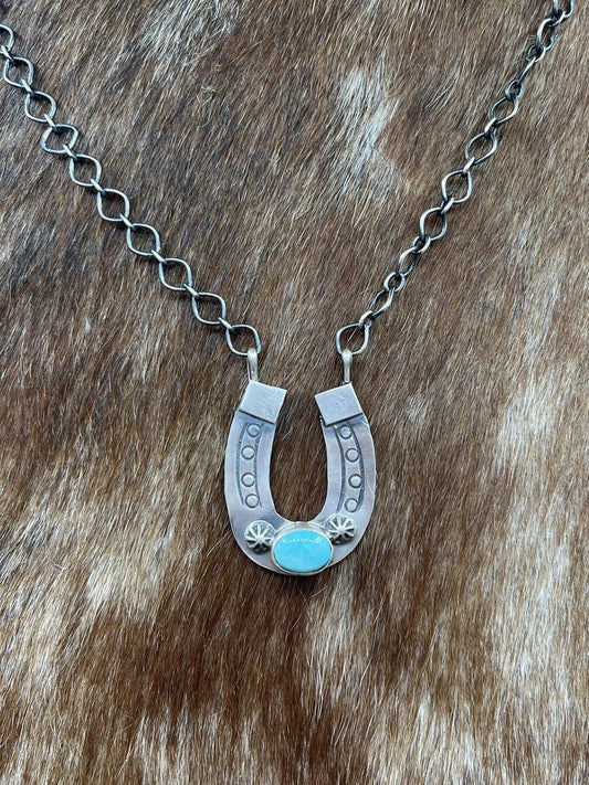 Navajo Handmade Sterling Silver Kingman Turquoise Horseshoe Bar Necklace 18”