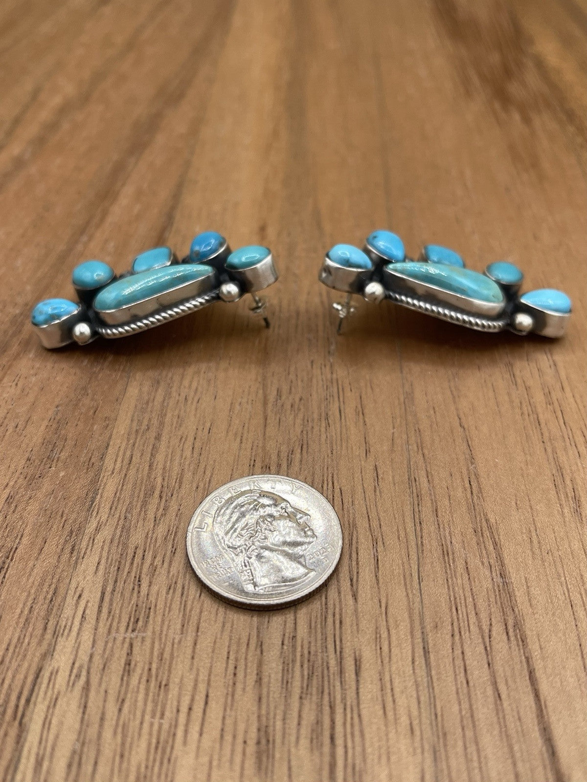 Navajo Handmade Sterling Silver Kingman Turquoise Half Cluster Earrings Tricia S