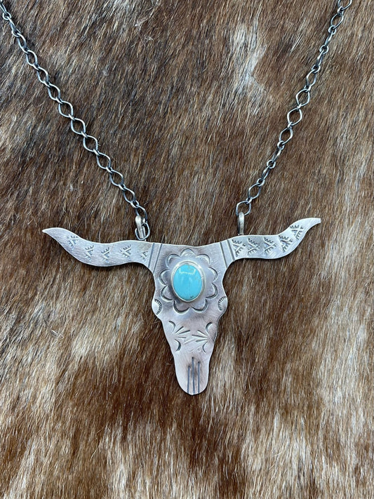 Navajo Handmade Sterling Silver Kingman Turquoise Longhorn Necklace By Betta Lee