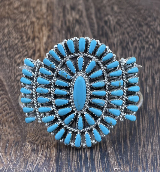 Native American Navajo Handmade Sterling Silver Turquoise Cluster Cuff Bracelet