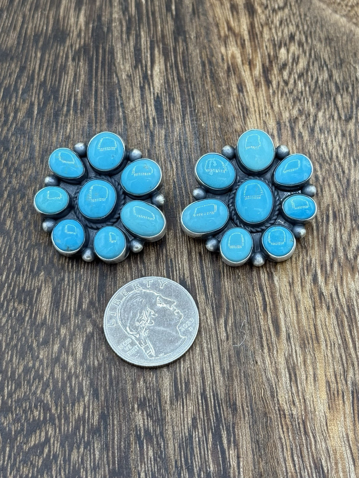 Navajo Handmade Sterling Silver Kingman Turquoise Cluster Earrings Tricia Smith