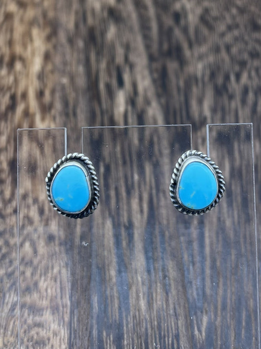 Navajo Handmade Sterling Silver Kingman Turquoise Post Stud Earrings Byron Begay