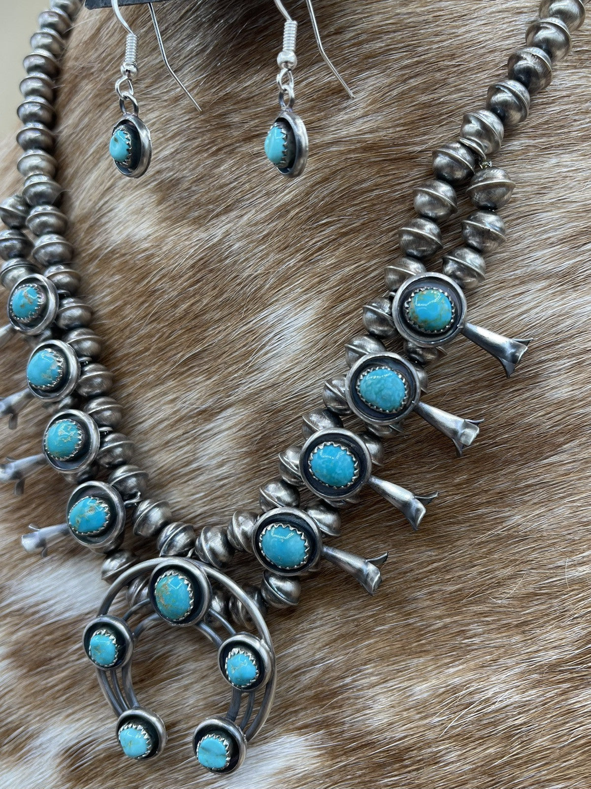 Navajo Handmade Sterling Silver Turquoise Shadowbox Squash Blossom Necklace 17”